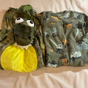 Green Dinosaur Costume and Construction Pajama Set, Size 2t